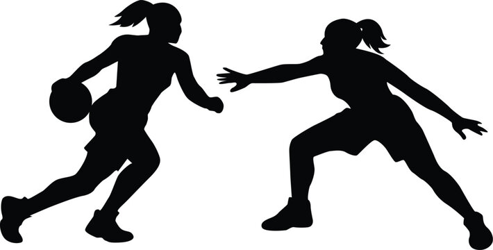 Female basketball players' silhouettes against a white background