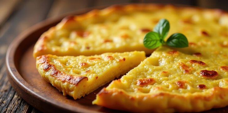 Close-up of tortilla de patatas sliced into thin wedges on a wooden plate, garnish, appetizer