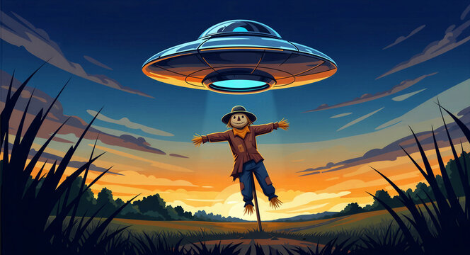 UFO flying saucer hovering over a scarecrow in a rural field at sunset. Alien spacecraft beams light on a farm field during twilight. Science fiction concept for paranormal and sci-fi media.