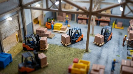 Fototapeta premium Detailed Miniature Warehouse Model with Forklifts and Workers