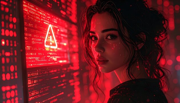 Woman looking at computer screen warning.