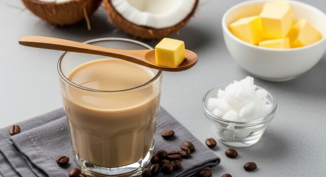 Bulletproof coffee with butter and coconut oil, ingredients on a grey background