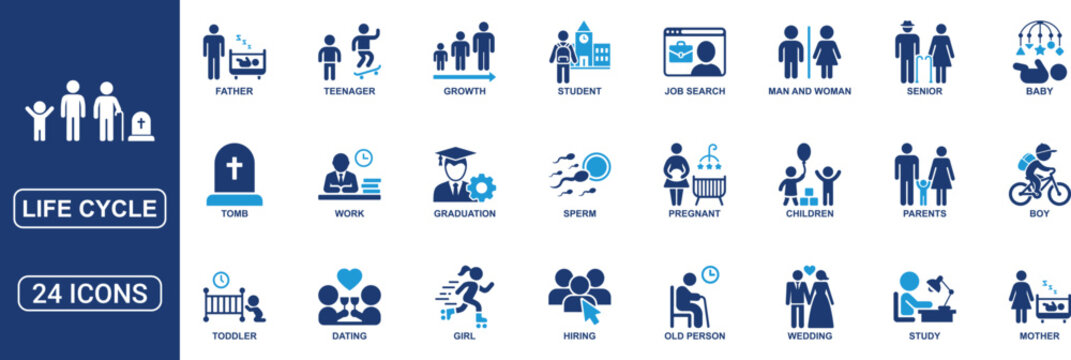 Life Cycle Solid Icon Set Featuring Baby, Children, Growth, Teenager, Student, Graduation, Work, Dating, Wedding, Family, Senior, Tomb, Lifespan Stages and Human Life Journey Vector Icons