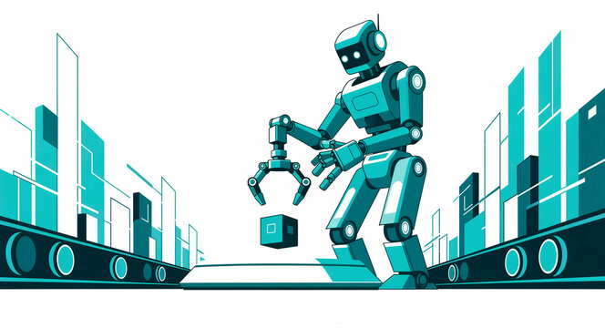 Humanoid robot picking up cube with robotic arm on assembly line. Teal vector illustration of futuristic factory automation. Smart industry concept for AI and digital transformation marketing.