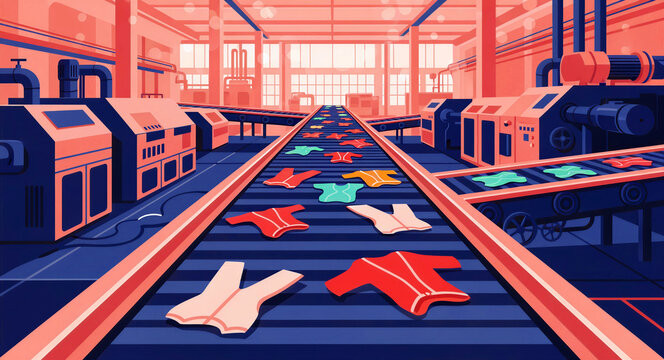 Automated textile factory assembly line with clothes on conveyor belts. Modern industrial machinery processing apparel in a production facility. Concept of mass production and fast fashion.