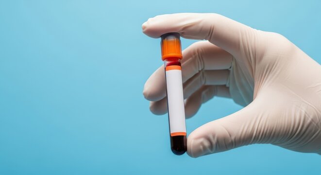 Hand in a medical glove holding a blood sample test tube