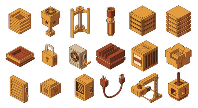 A diverse collection of industrial ventilation machinery and technical electronic components are displayed in an isometric format on a light beige background with a consistent ambe