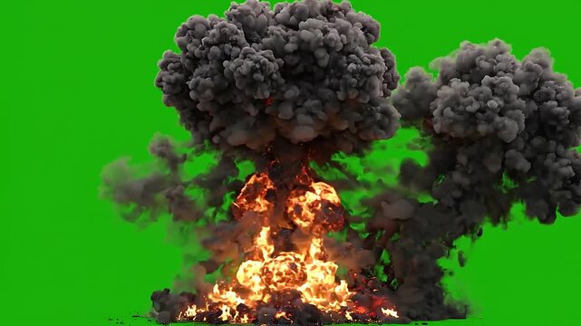 Cinematic massive explosion detonating with fireball and thick dark smoke on green screen, VFX action element
