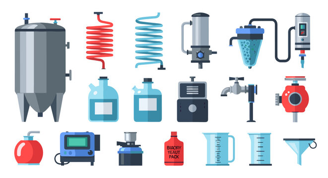 An organized arrangement of various laboratory processing machines and specialized containers is presented on a clean surface with a vibrant red and blue color palette throughout.