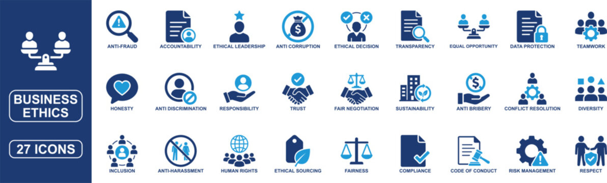 Business Ethics Solid Icon Set Featuring Compliance, Integrity, Transparency, Equality, Honesty, Anti Corruption, Fairness and Corporate Governance Vector Icons