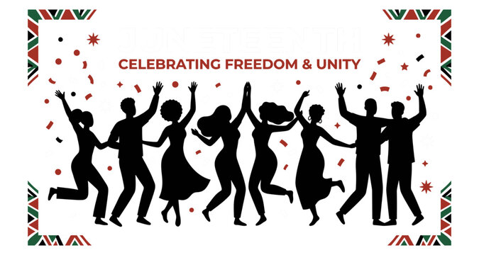 Diverse silhouettes celebrating freedom and unity during Juneteenth with festive confetti and borders vector