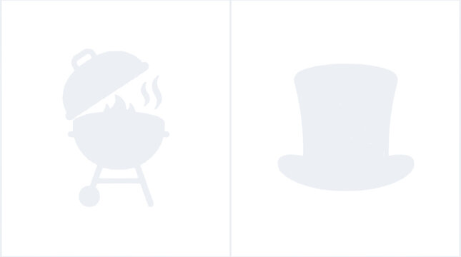 Barbecue grill with smoke and flames next to a top hat icon on white background
