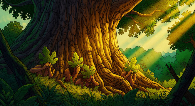 Figures hiding behind tree roots covering their faces with fig leaves. Hand-drawn illustration depicting the biblical story of Adam and Eve. Concept of shame and original sin for religious media.