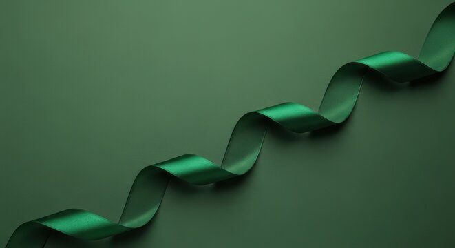 Elegant green silk ribbon on a dark green background