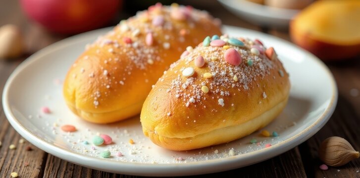 Close-up shot of conchas sweet bread on white plate, colorful sugar shells, baked goods, sweet bread