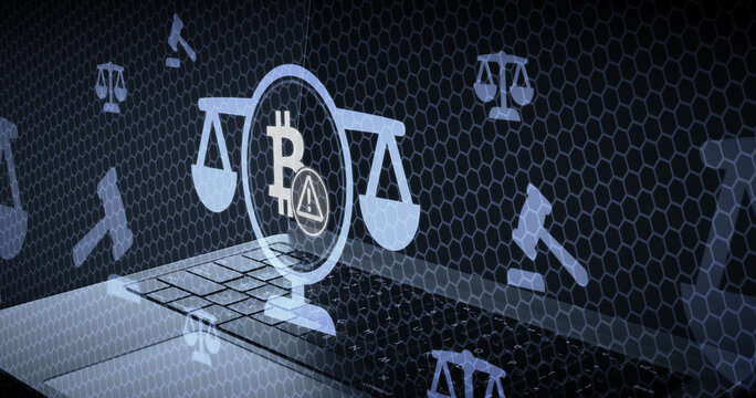 Bitcoin legal warning concept with cryptocurrency symbol inside scales of justice icon overlaid on a laptop keyboard with judicial gavels and digital network pattern background