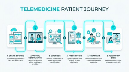 Telemedicine Patient Journey Infographic Showing Online Booking Virtual Consultation Diagnosis Prescription Treatment and Follow Up Care Process