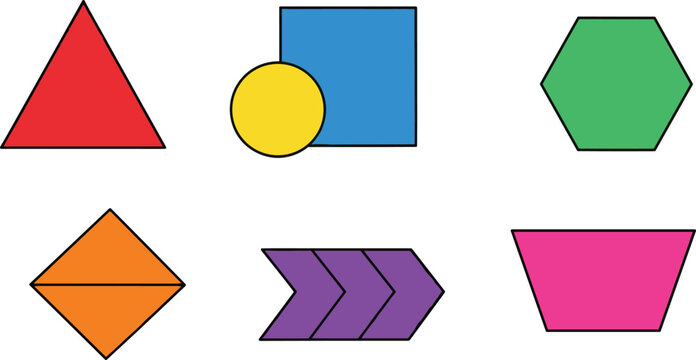 Colorful Geometric Shape Vector Set with Triangle, Circle, Square, Hexagon, Diamond, Chevron, and Trapezoid in Flat Style for Educational and Creative Designs