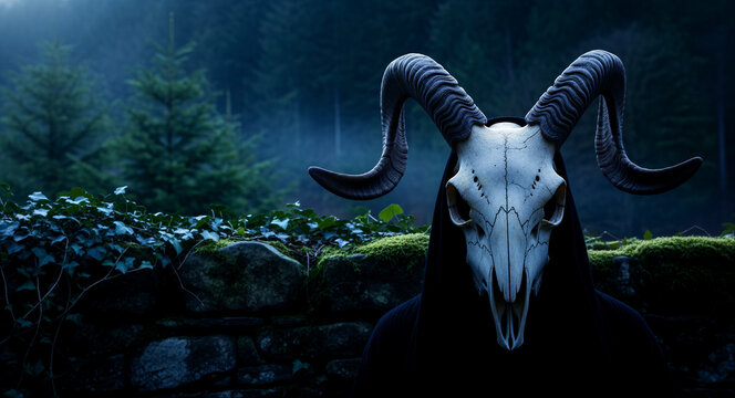 Mysterious hooded figure wearing a ram skull mask in a misty forest. Eerie character behind an ancient mossy stone wall. Dark ritual concept, ideal for horror and Halloween marketing.