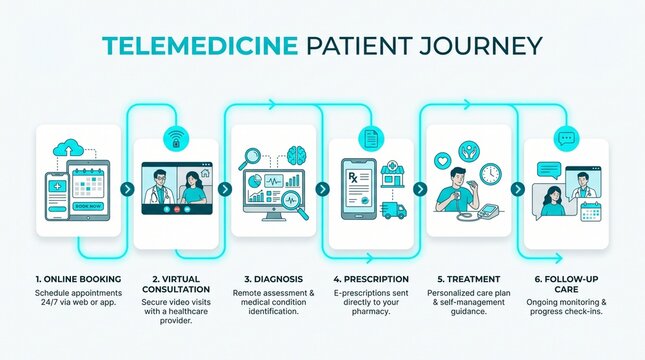 Telemedicine Patient Journey Infographic Showing Online Booking Virtual Consultation Diagnosis Prescription Treatment and Follow Up Care Process