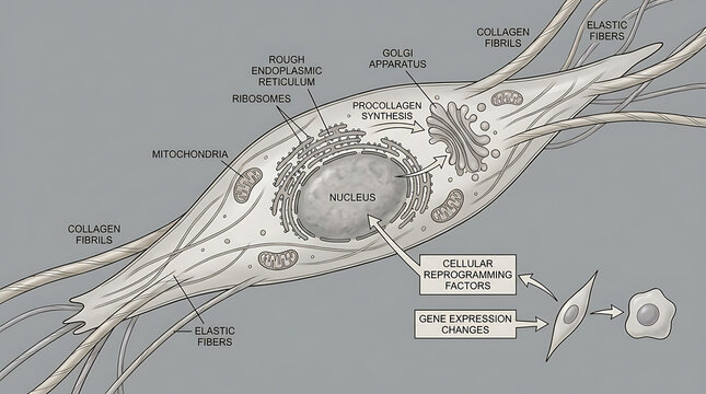 Detailed scientific illustration of a fibroblast cell showing anatomy structure, organelles, and collagen synthesis for connective tissue repair and cellular reprogramming.