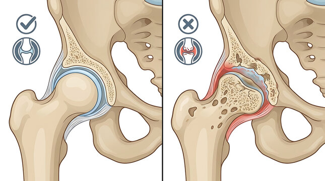 Anatomical comparison of healthy hip joint versus pelvic bone affected by femoral head osteonecrosis, avascular necrosis, and osteoarthritis showing degeneration and bone tissue damage.