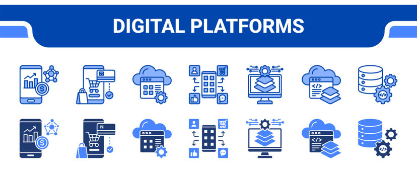 Digital Platforms Icon Collection,  featuring Platform Economy, E-Commerce, SaaS, App Ecosystem, Platform, Dev Platform, API.