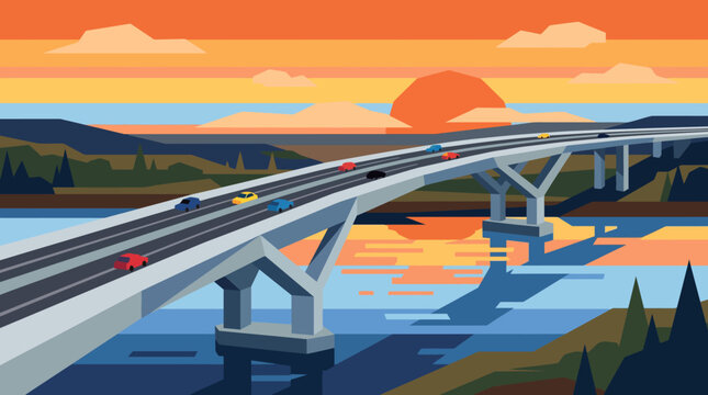 A highway bridge over a river at sunset.