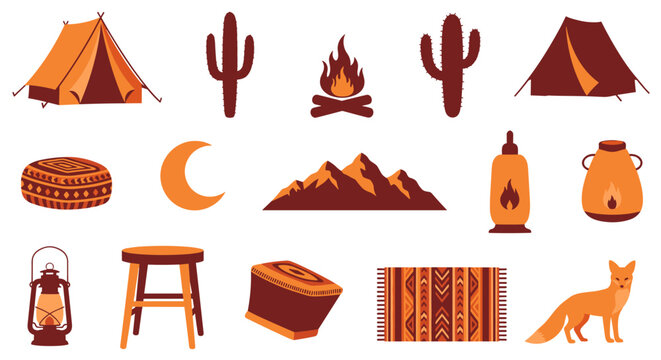 A set of orange-toned desert camping icons featuring tents, a fox, mountains, rugs, and various lighting fixtures presented on a light backdrop for outdoor projects.