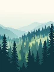 Fototapeta premium Vast Green Pine Forest Covering Rolling Hills with Light Mist and Soft Cream Sky, Multi Toned Evergreen Woodland Flat Vector Illustration for Nature Background and Wall Art.