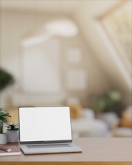 Fototapeta premium White screen laptop with notebook and potted plants on wooden countertop table in bright attic room.
