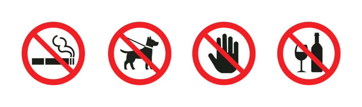 Prohibited Signs Collection &ndash; No Smoking, No Pets, No Entry, No Alcohol