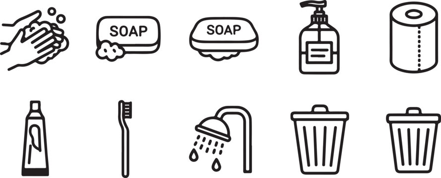 Hand washing soap and sponge cleaning icons set Vector