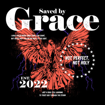 Streetwear T-shirt Design with Flying Bird Illustration and "Saved by Grace" Typography