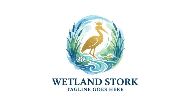 Prominent stork silhouette featured within circular wetland emblem