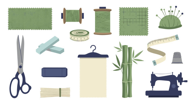 Various sewing accessories including measuring tapes, needles, fabric swatches and a vintage style machine are arranged neatly against a plain light gray studio backdrop.