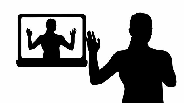 Black silhouette vector of trainer guiding workout on laptop screen