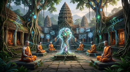 Obraz premium Futuristic Sacred Temple Complex Where Artificial Intelligence Appears as a Spiritual Hologram Among Meditating Monks in a Mystical Jungle World