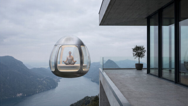 Meditation in a floating egg shaped pod hovering near a building edge in total silence and clouds