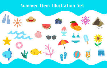 Naklejka premium Cute Hand-Drawn Style Illustration Set for Summer Items | Ocean, Beach, and Summer Clip Art Collection