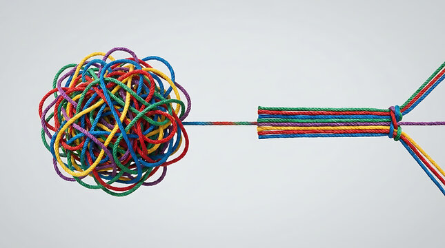 Metaphorical representation of organizational transformation from chaotic mismanagement to efficient success showing tangled messy ropes transitioning into perfectly aligned straight fibers.