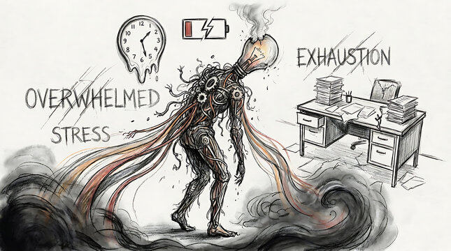 Exhausted professional man feeling overwhelmed by intense workplace stress and emotional fatigue, depicting a mental health burnout concept with head in hands at a cluttered office desk.