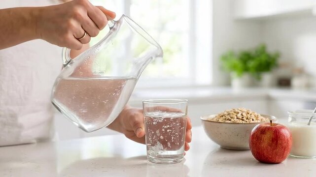 Pouring water from glass pitcher into glass on kitchen counter with apple bowl of oats and milk showing home care support medical hydration caregiver healthy lifestyle concept