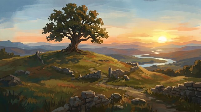 Golden hour glow over a majestic oak tree and river valley illustration