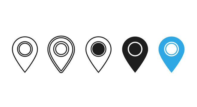 A horizontal sequence of five map location pins ranging from thin black outlines to a solid blue icon displayed against a soft light blue background.