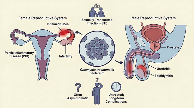 Microscopic 3D illustration of Chlamydia trachomatis bacteria pathogen causing sexually transmitted infection reproductive health complication within human cellular environments