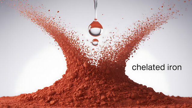 A pile of red powder explodes as a drop of chelated iron liquid falls on it from above.