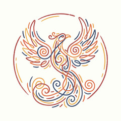 Fototapeta premium A stylized phoenix bird illustration with swirling lines in warm colors within a circular frame.