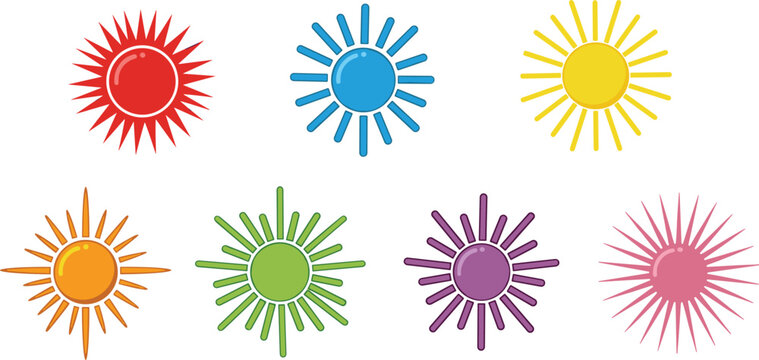 Colorful Sun Vector Set with Red, Blue, Yellow, Orange, Green, Purple, and Pink Sun Shapes in Flat Style for Summer, Weather, and Decorative Designs