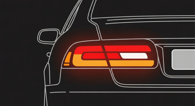 Close up of a modern car tail light illuminated at night.